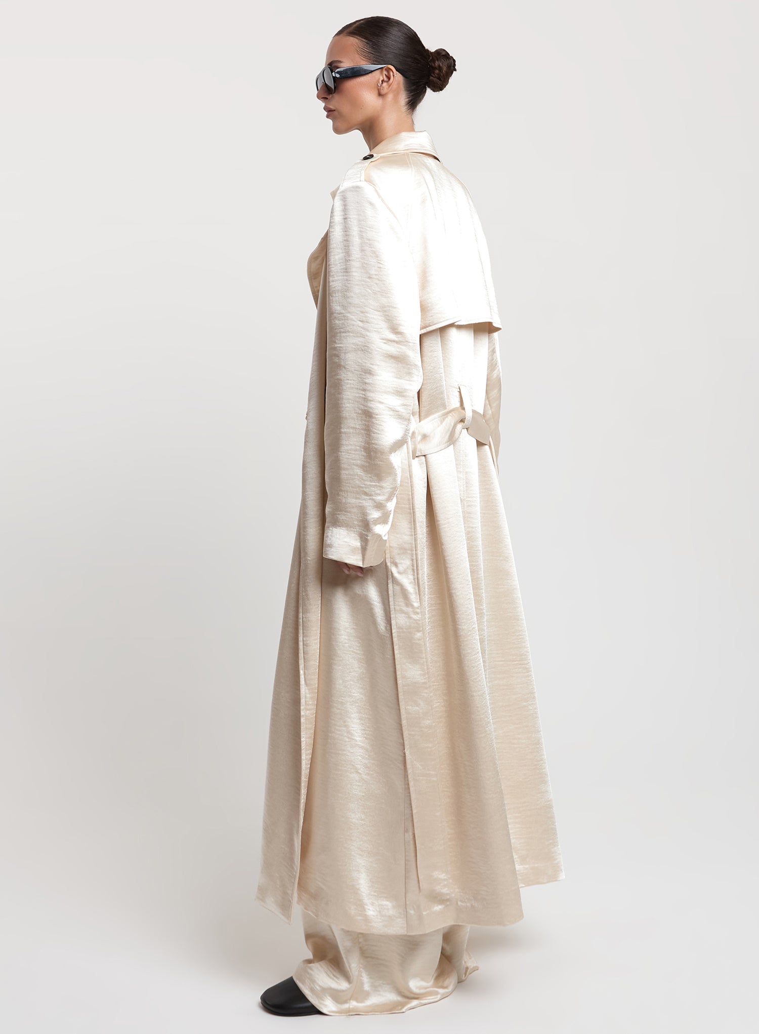 Cream Satin Belted Trench Coat